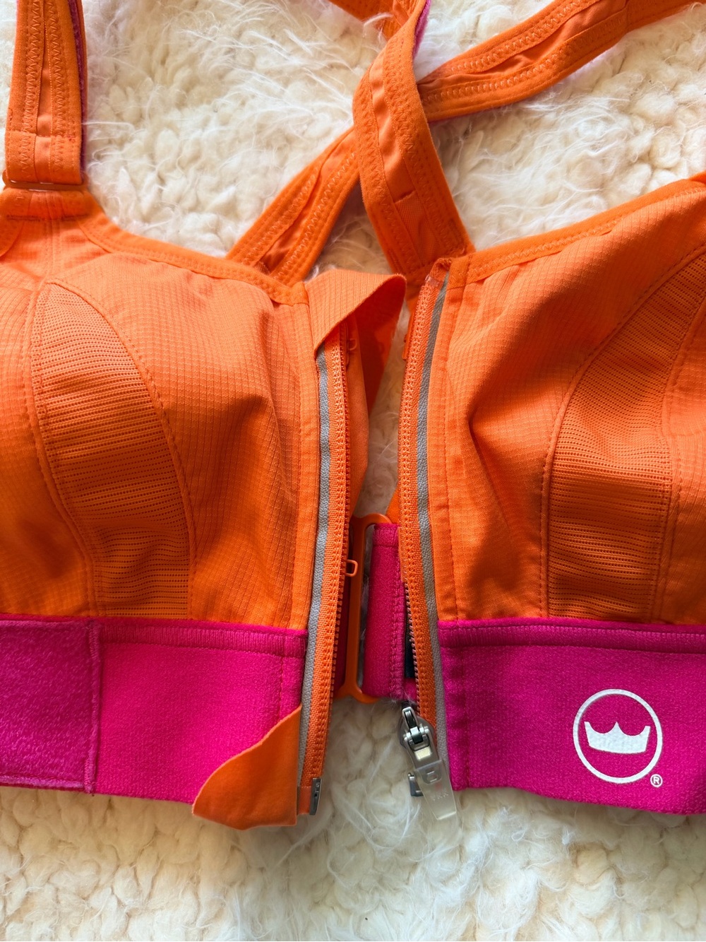 SHEFIT Ultimate Sports Bra Medium High Impact Zip Front Orange Pink Workout - Picture 4 of 5
